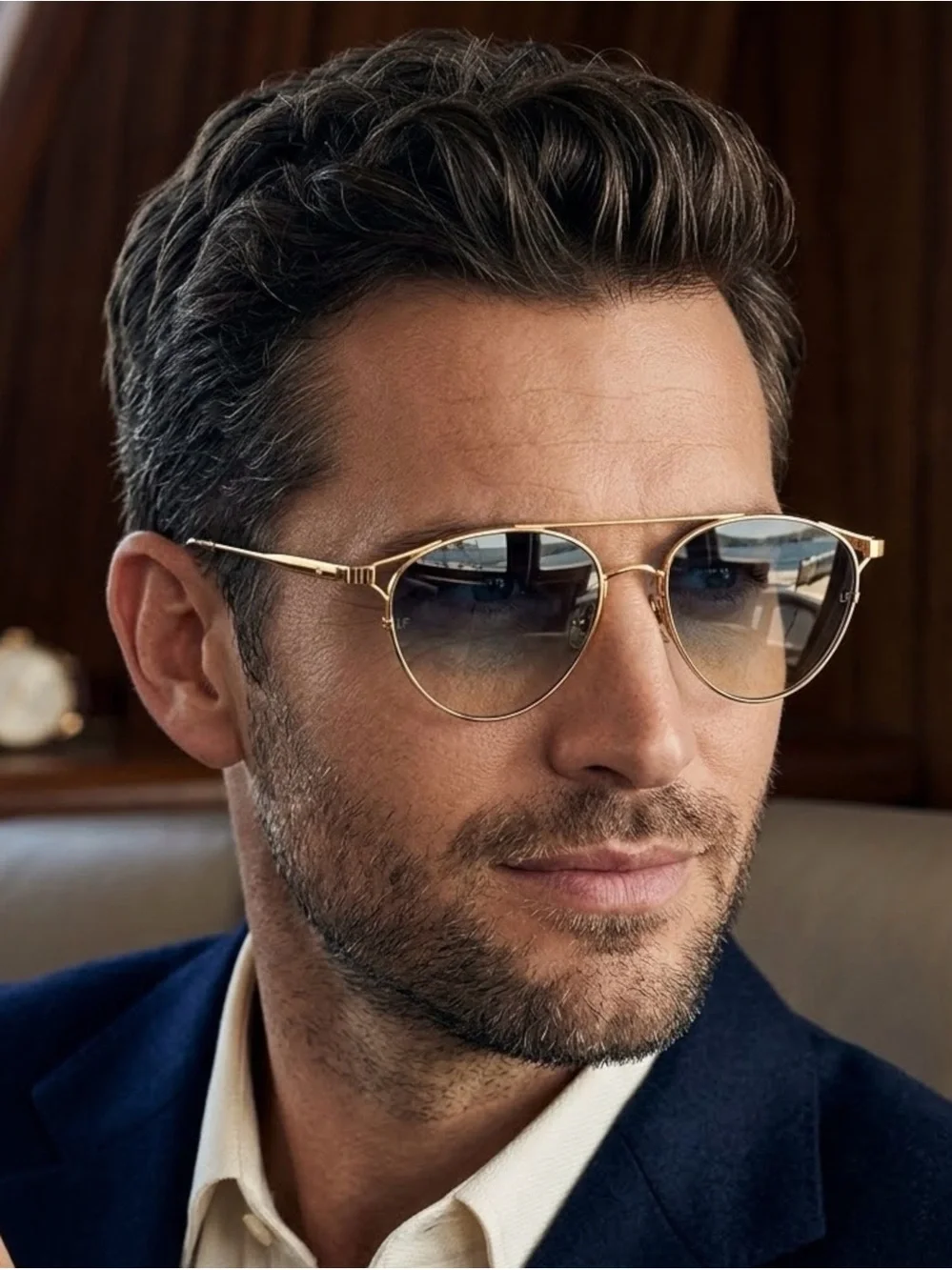 Linda Farrow Omar Aviator Sunglasses Gold Blue LFL804 C7 Titanium NWT Full Set